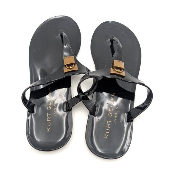 Kurt Geiger Maddison T-Bar Thong Sandals Women's Black/Gold Size US7M EU37 - Picture 11 of 15